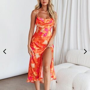 Selfie Leslie Well Versed Pleated Bust Front Split Dress Flora Orange